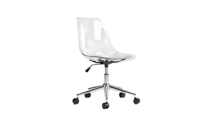 A clear plastic office chair with chrome base on a white background on transparent background
