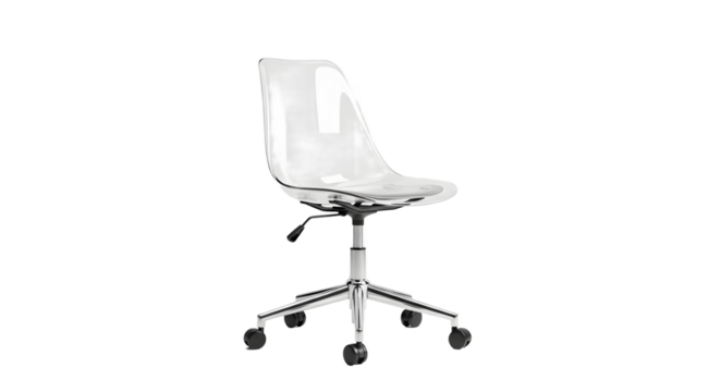 A clear plastic office chair with chrome base on a white background on transparent background