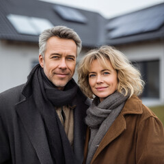 Mature couple standing outside modern house, both wearing winter coats and scarves, smiling warmly, overcast sky, residential neighborhood