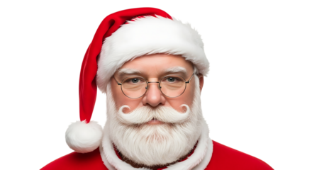 Close up portrait of Santa Claus with white beard and mustache wearing glasses and red hat isolated on a transparent background