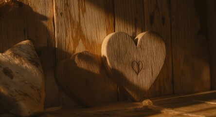 Wooden Heart Decorations on Rustic Wooden Wall in Warm Lighting