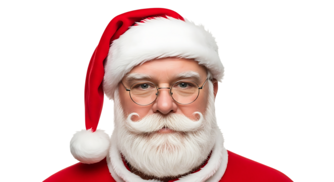 Close up portrait of Santa Claus with white beard and mustache wearing glasses and red hat isolated on a transparent background