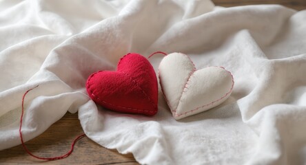 Red and White Heart Plush Toys on Soft White Fabric Romantic Decor