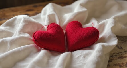 Red Heart Plush Toys on White Fabric with Wooden Surface Romantic Decor