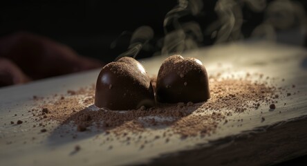 Two Chocolate Truffles with Cocoa Powder on White Surface in Dark Light