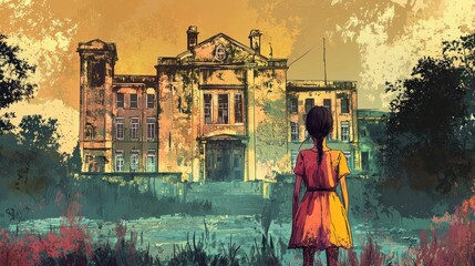 Fototapeta premium A colorful, detailed illustration of an orphan girl standing in front of an old orphanage building.