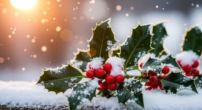 Winter's Holly Embrace: A close-up of holly, its vibrant red berries and green leaves gently dusted with fresh, glistening snow in the soft, diffused glow of daylight.