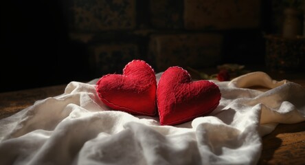 Red Plush Heart Pillows on White Satin Fabric in Romantic Setting