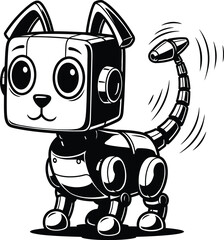 Monochrome vector illustration of an adorable, happy cybernetic pet dog robot with square head and mechanical tail wagging, standing upright.