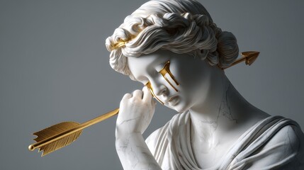 A sorrowful statue of a woman with golden tears and an arrow through her head, symbolizing pain and beauty in a classic art style.
