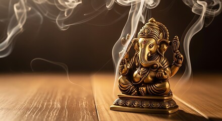 Golden Ganesha statue radiates peace and serenity, ideal for wellness brands, spiritual centers, or mindful living promotions with warm light and smoke
