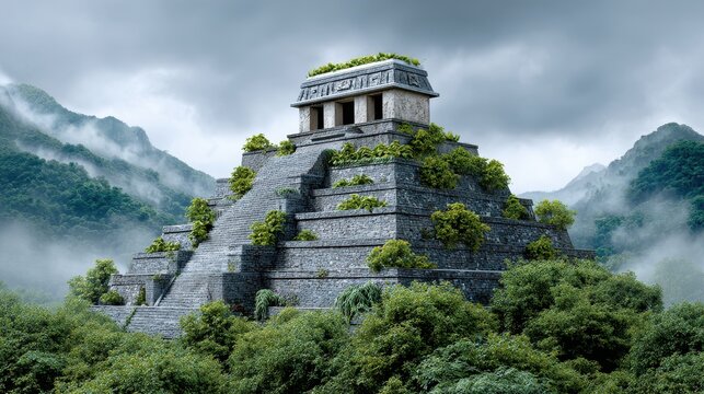 A majestic ancient temple sits atop a stone pyramid, surrounded by lush greenery and misty mountains, evoking a sense of mystery and historical significance.