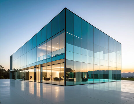 Geometric Symmetry: A modern architectural marvel, where the sleek glass facade mirrors the serene twilight sky, encapsulating the essence of innovation.