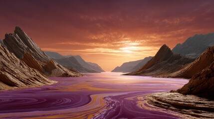 A surreal landscape featuring a colorful river winding through rugged mountains under a vibrant sky at sunset.