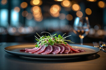 Elegant beef carpaccio dish with microgreens, ready to be served in a restaurant