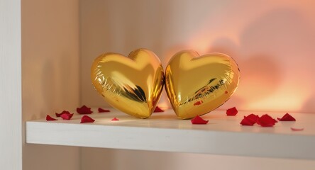 Golden Heart Balloons with Red Rose Petals on White Shelf Romantic Decor