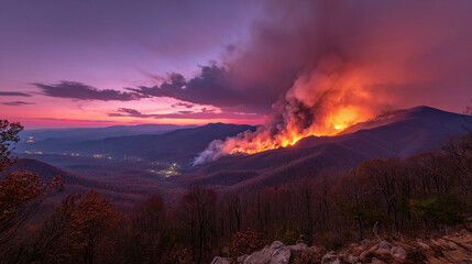 Panoramic view of a wildfire on a mountain range at sunset, casting an orange glow against a vibrant purple and pink sky, with silhouetted trees.