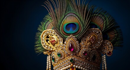 Obraz premium Exquisite gold crown adorned with peacock feathers, sparkling gems, and pearls evokes royalty, spirituality, and majestic beauty for cultural projects