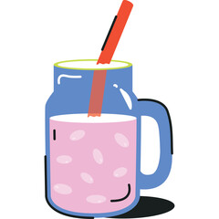 Blue Mason Jar Glass With Pink Drink and White Seeds and Red Straw Transparent Background