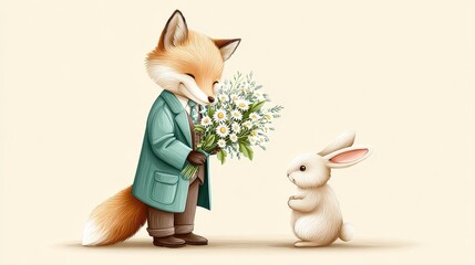 A charming illustration of a fox in a coat presenting a bouquet of flowers to a cute rabbit, capturing a whimsical friendship theme.