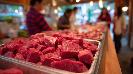 Close-up of fresh, red beef cubes neatly arranged on a stainless steel tray, ready for sale at a butcher shop counter. Focus on texture.