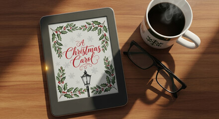E-reader displaying festive book cover on wooden surface. Christmas mug and reading glasses placed beside the device. reader Digital book device with holiday theme, wooden table, cozy mood