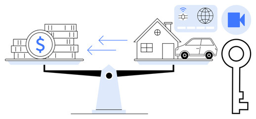 Money and assets balanced on a scale with house, car, and digital icons. Ideal for finance, investment, mortgage, economy, savings property management wealth optimization. Simple flat metaphor