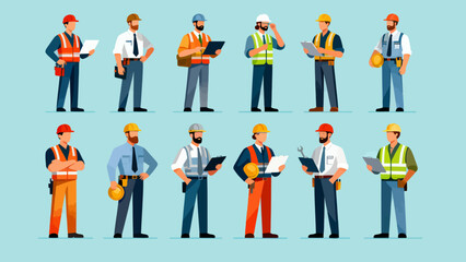 A collection of professional figures such as engineers, maintenance technicians and repairmen, with cartoon hand-drawn vector illustrations