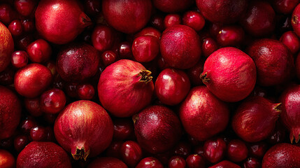 A vibrant and dense arrangement of pomegranates and cranberries creates a visually appealing and refreshing composition for the viewer.