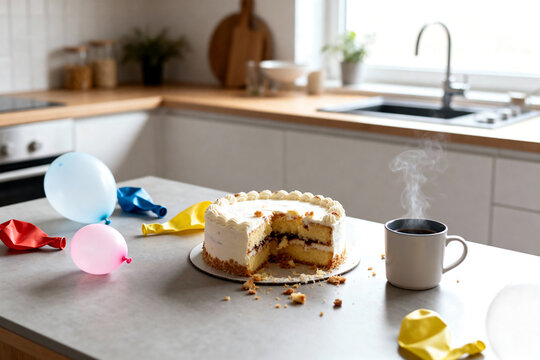 Messy Kitchen After Birthday Party with Half-Eaten Cake, Deflated Balloons, Scattered Tableware and Coffee Mug – Realistic Lifestyle Scene of Celebration Aftermath