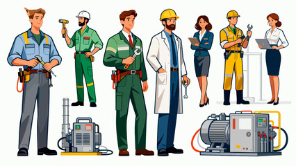 A collection of professional figures such as engineers, maintenance technicians and repairmen, with cartoon hand-drawn vector illustrations