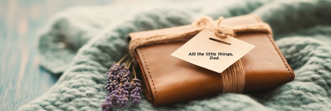 Leather gift wallet with message tag, lavender sprigs, knitted background