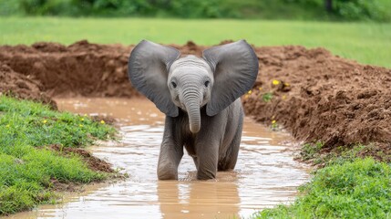 A playful baby elephant splashes in a muddy puddle, showcasing its large ears and cheerful demeanor amidst a lush green backdrop.