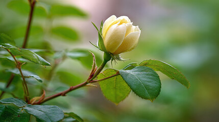 Gentle morning dew graces a budding, pale yellow flower, its petals softly unfurling, surrounded by lush, verdant leaves.