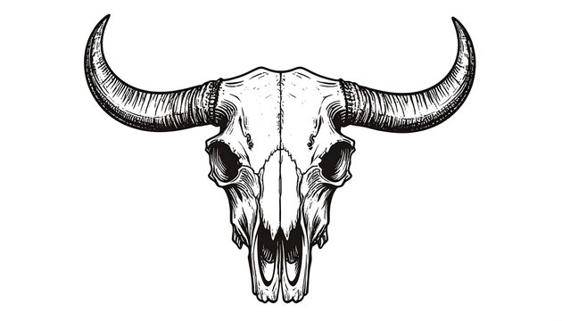 Detailed illustration of an animal skull.  Front view of the bleached bony structure, with prominent horns and eye sockets, set against a white background