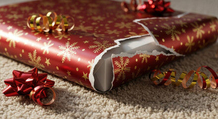 Christmas morning unwrapping, candid reaction, red gift wrap. Torn wrapping paper with visible gift box corner on carpet. 