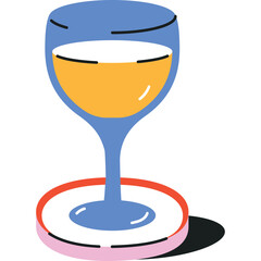 A minimalist illustration of a blue stemmed wine glass filled with golden yellow liquid resting on a pink and red circular coaster with a dark shadow underneath on a transparent background