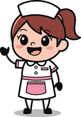 Cute cartoon nurse illustration, happy medical professional, friendly hospital worker in uniform, woman smiling and waving, isolated vector.