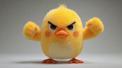 Fuzzy yellow chick flexing, angry and puffed up. A 3D animated character with a grey background, tiny and chubby, posing for the camera.