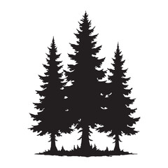 Obraz premium A striking black silhouette of three tall pine trees with detailed branches isolated on white background