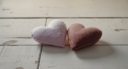 Soft Heart Shaped Plush Toys on White Wooden Surface for Romantic or Valentine's Day Decor