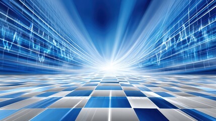 A dynamic, futuristic landscape with a blue and white grid, creating a sense of depth and speed, suggesting technology and digital themes.