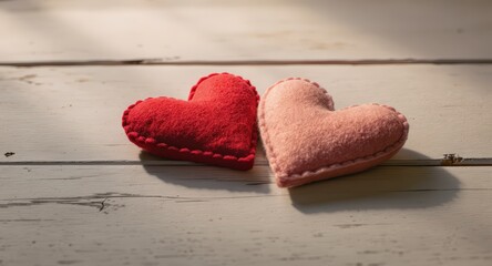 Red and Pink Felt Heart Plush Toys on White Wooden Surface