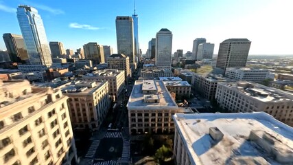 Urban exploration showcasing majestic skyscrapers under a clear blue sky morning light