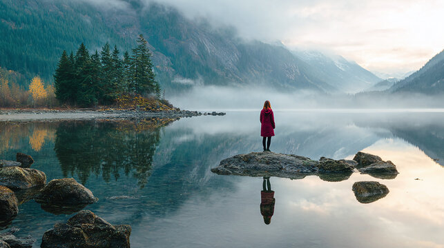 A solitary figure stands on a rock in a tranquil lake, surrounded by misty mountains and lush greenery, reflecting in the still water.