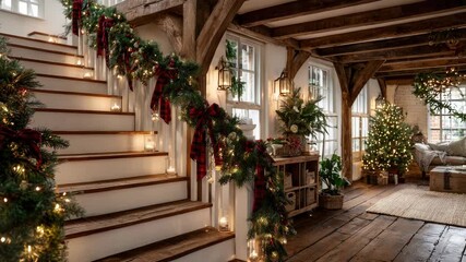 Cozy rustic living room adorned for the Christmas season with twinkling lights, a festive staircase, and a lovely tree, setting a welcoming and merry ambiance for holiday gatherings
