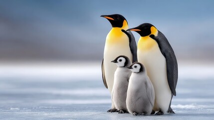 Obraz premium A family of emperor penguins stands together on ice, showcasing their distinctive black and white feathers and vibrant yellow markings.