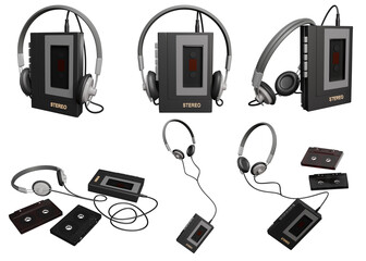 Classic black vintage portable cassette player and headphones from the 80s on a transparent background. Analog Music.3D render