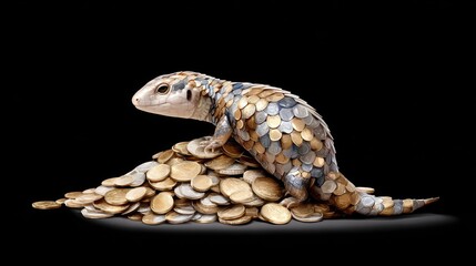 Fototapeta premium A colorful lizard sits atop a large pile of coins, combining themes of wealth and nature in a striking contrast against a black background.