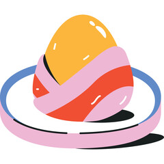 A yellow easter egg decorated with pink and red stripes on a blue ring with a pink ribbon and grey shadow on a white background